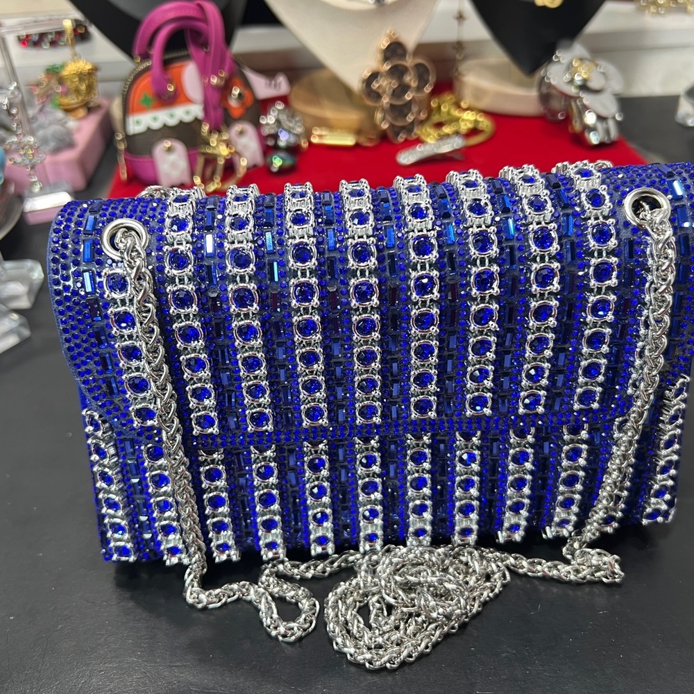 Royal Blue and Silver Chain rhinestone evening Bag